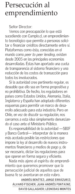Carta al director enviada el 1º de agosto de 2012 al El Mercurio en razón de la denuncia presentada por la SBIF ante el Ministerio Público. Persecución al Emprendimiento